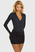 Chic Button Front Long-Sleeve Mini Dress in Black Polka Dot
