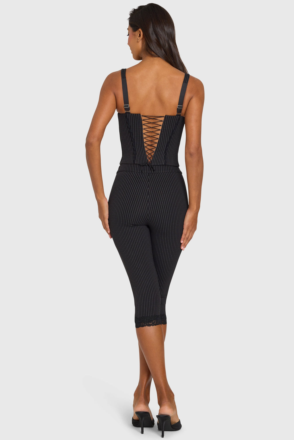 Chic Ponte Capri Leggings in Black Pinstripe