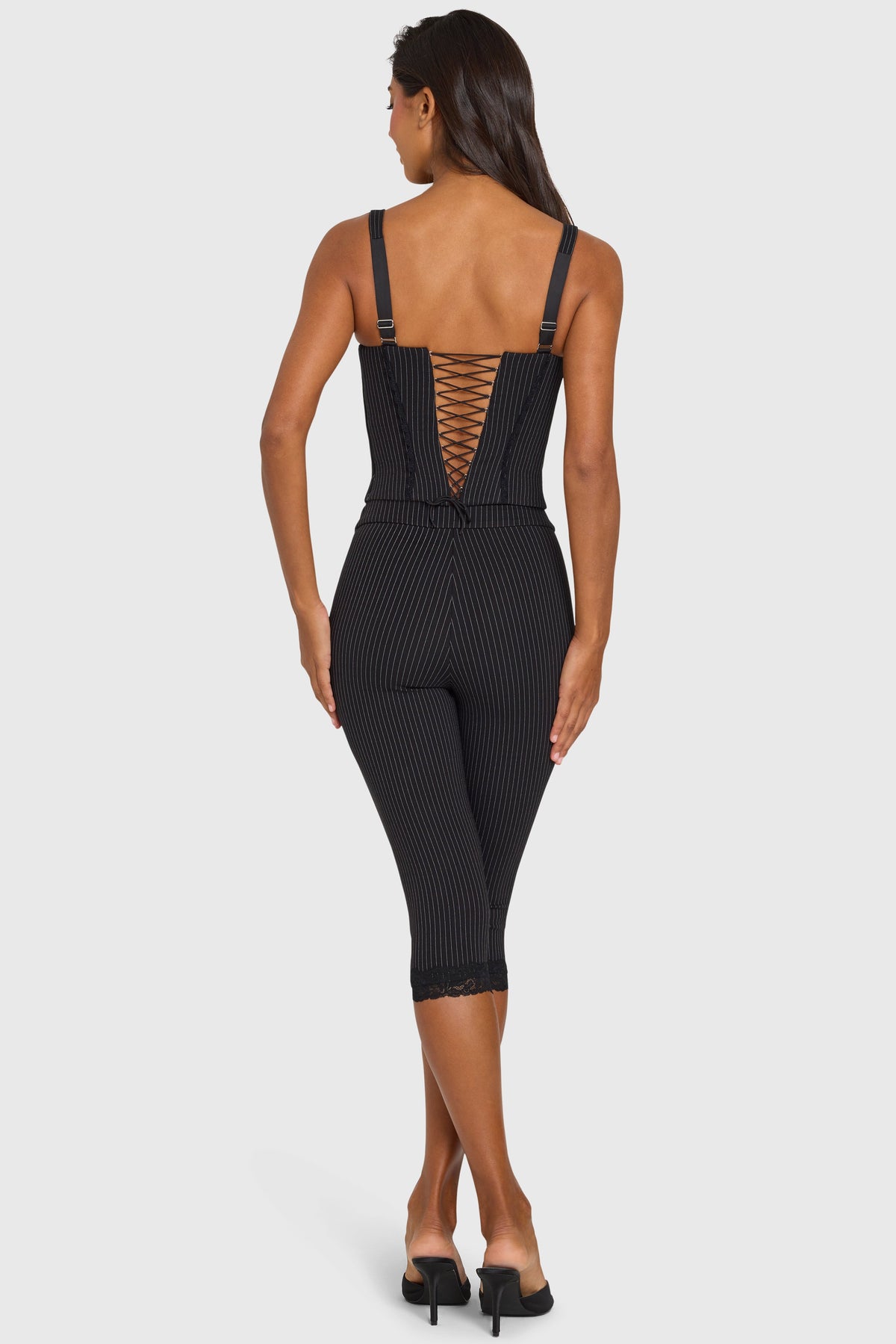 Chic Ponte Capri Leggings in Black Pinstripe