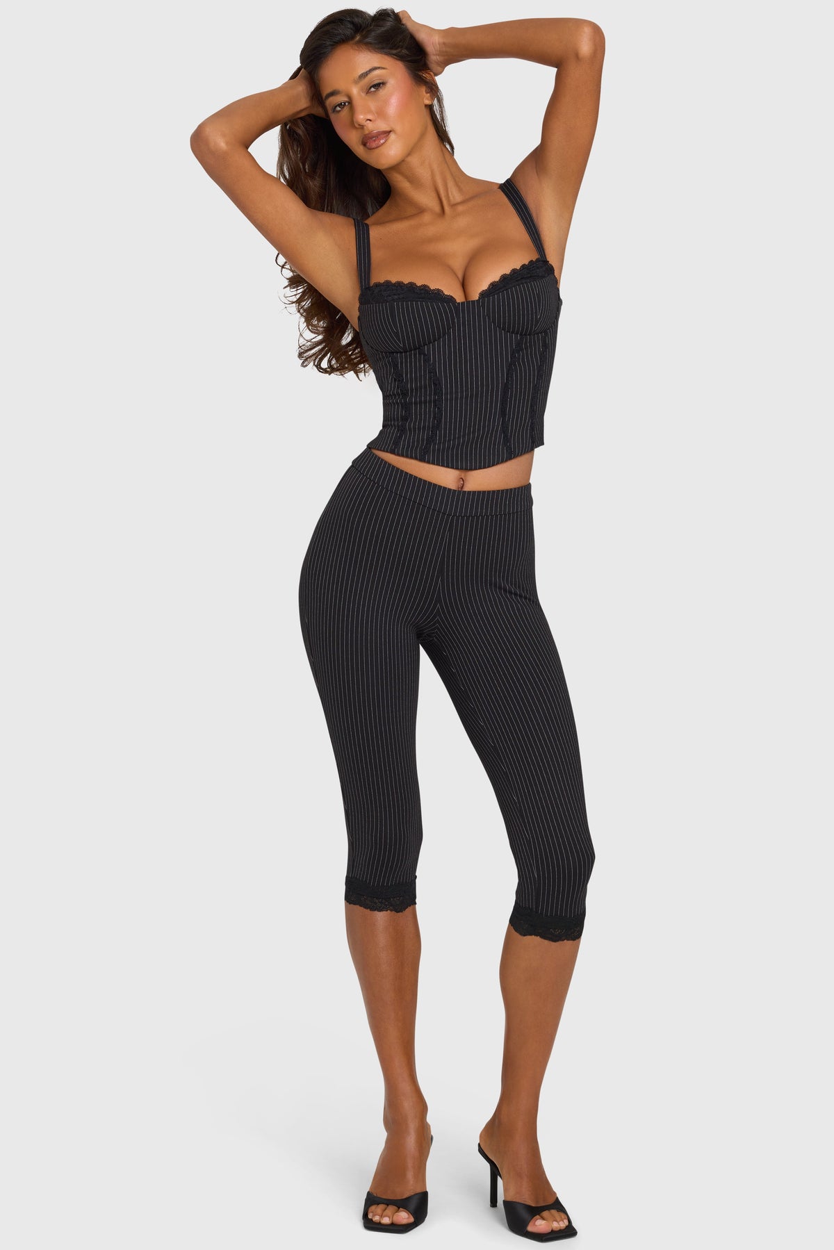 Chic Ponte Capri Leggings in Black Pinstripe