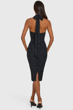 Chic Halterneck Underwired Midi Dress in Black Polka Dot