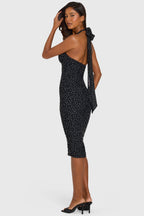 Chic Halterneck Underwired Midi Dress in Black Polka Dot