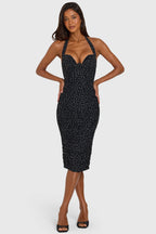Chic Halterneck Underwired Midi Dress in Black Polka Dot