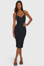 Chic Halterneck Underwired Midi Dress in Black Polka Dot