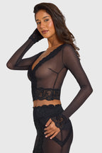 Chic Placed Lace-Trim Cropped Cardigan in Black