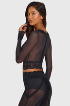 Chic Placed Lace-Trim Cropped Cardigan in Black