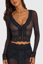 Chic Placed Lace-Trim Cropped Cardigan in Black