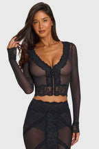 Chic Placed Lace-Trim Cropped Cardigan in Black