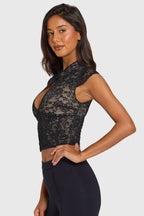 Chic Lace Cut-Out Crop Top in Black