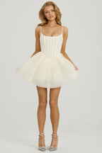 Chic Embellished Corset Tulle Skirt Mini Dress in White