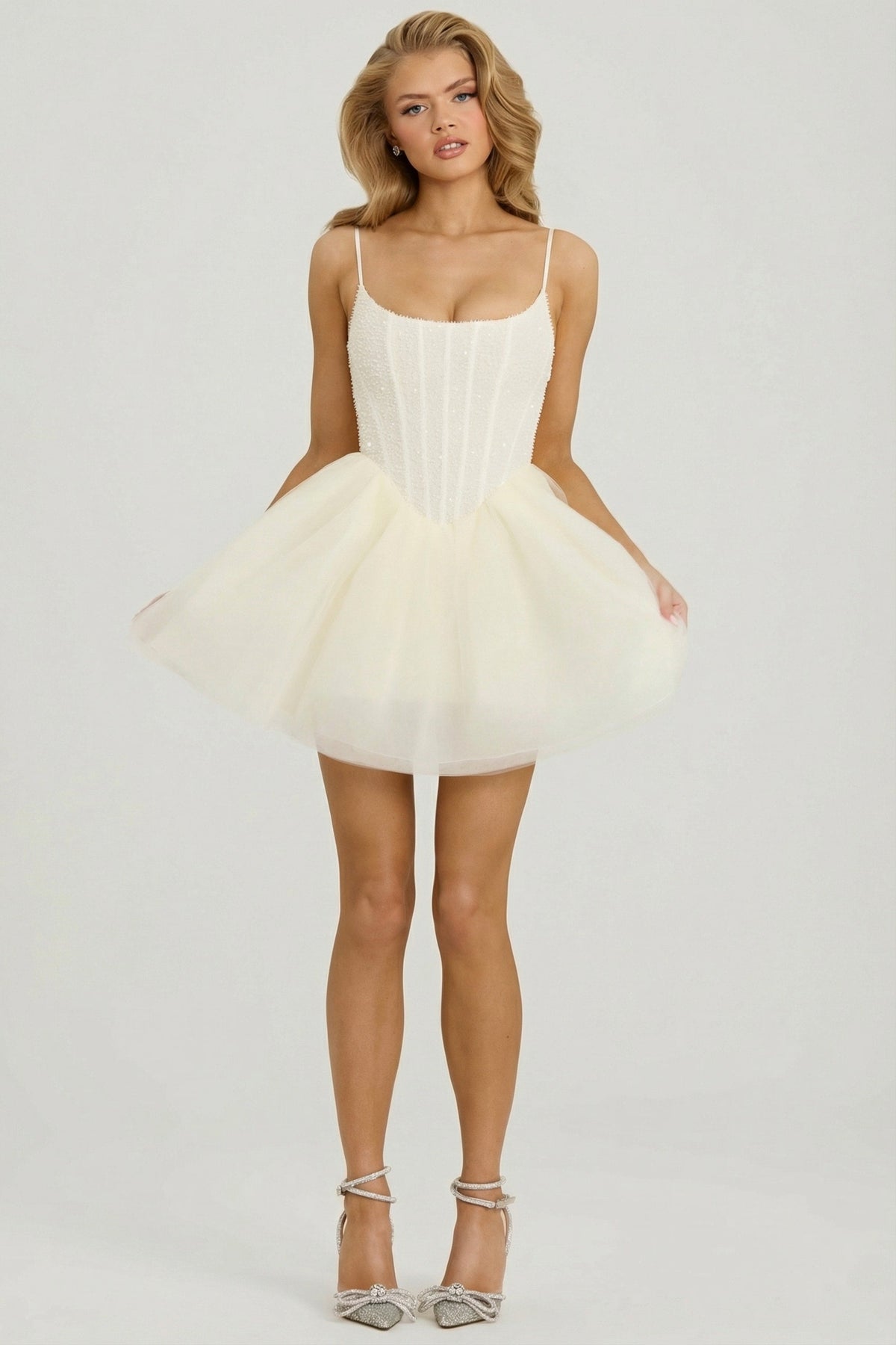Chic Embellished Corset Tulle Skirt Mini Dress in White