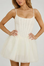 Chic Embellished Corset Tulle Skirt Mini Dress in White