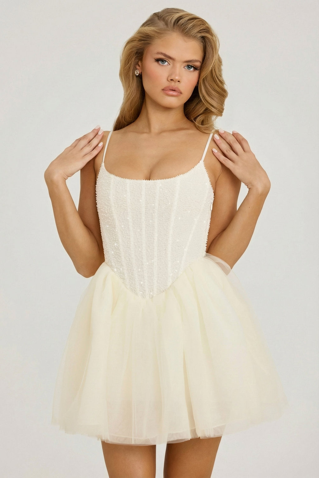 Chic Embellished Corset Tulle Skirt Mini Dress in White
