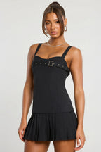 Chic Brushed Twill Drop Waist Kilt Mini Dress in Black
