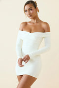 Chic Off-Shoulder Ruched Bodycon Mini Dress in Vanilla
