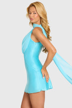 Chic Satin Scarf-Detail Mini Dress in Aquamarine