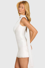 Chic Satin Scarf-Detail Mini Dress in Pearl