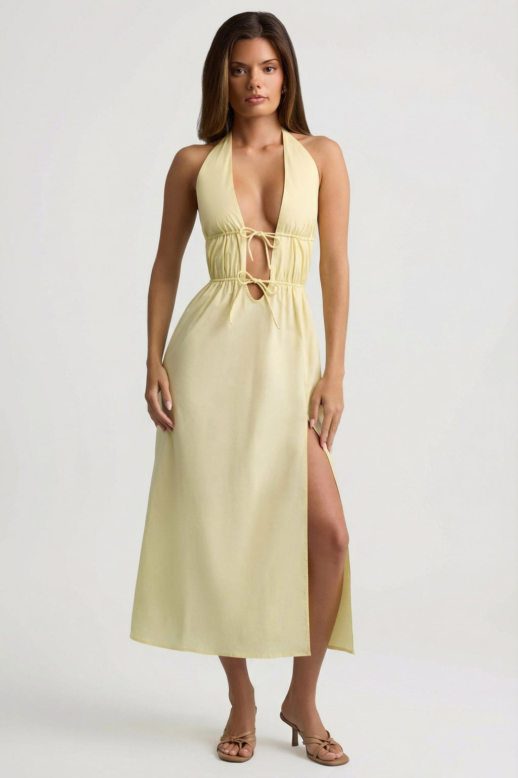 Chic Backless Cotton-Poplin Midaxi Dress in Lemon Yellow
