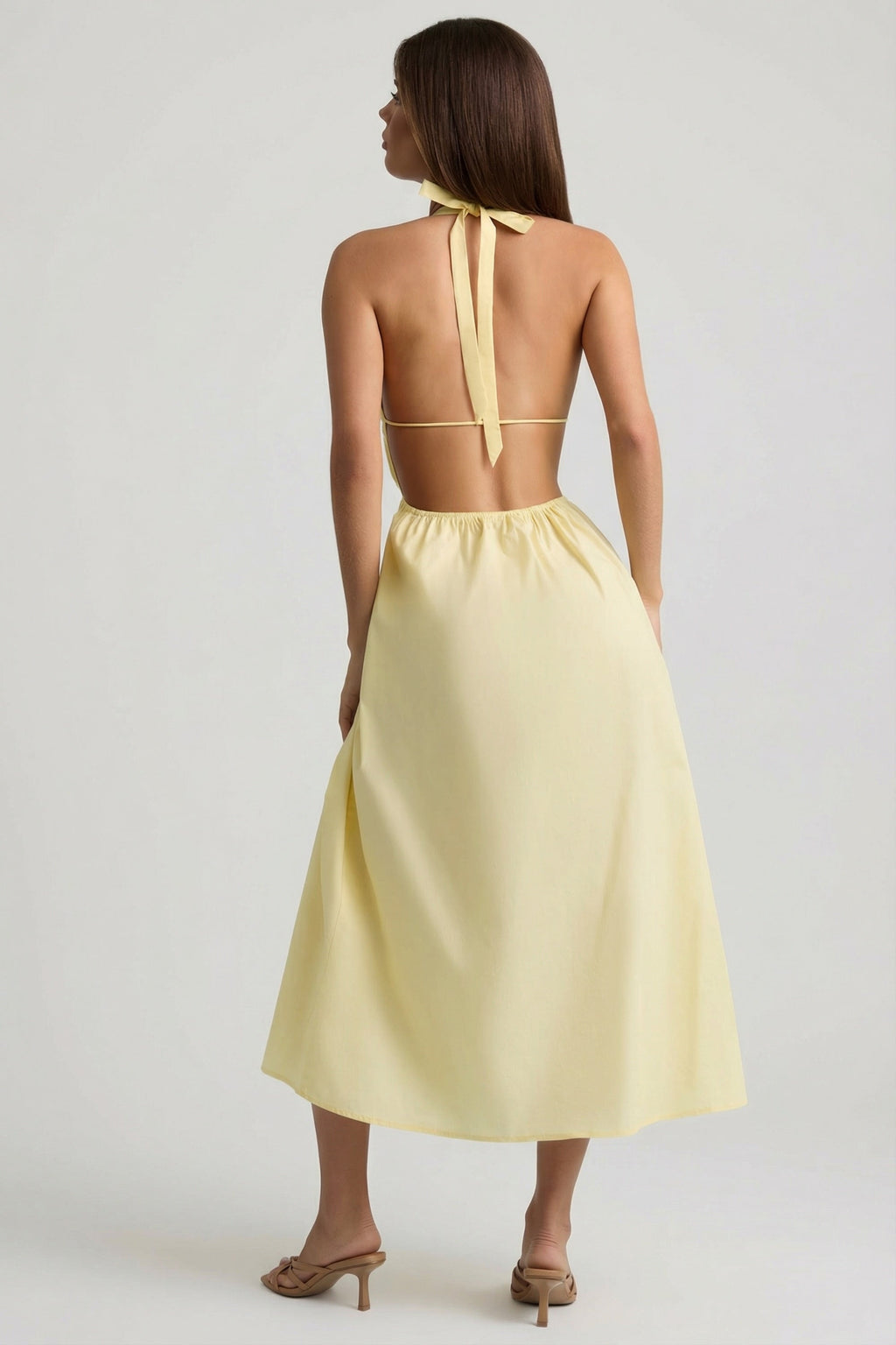 Chic Backless Cotton-Poplin Midaxi Dress in Lemon Yellow
