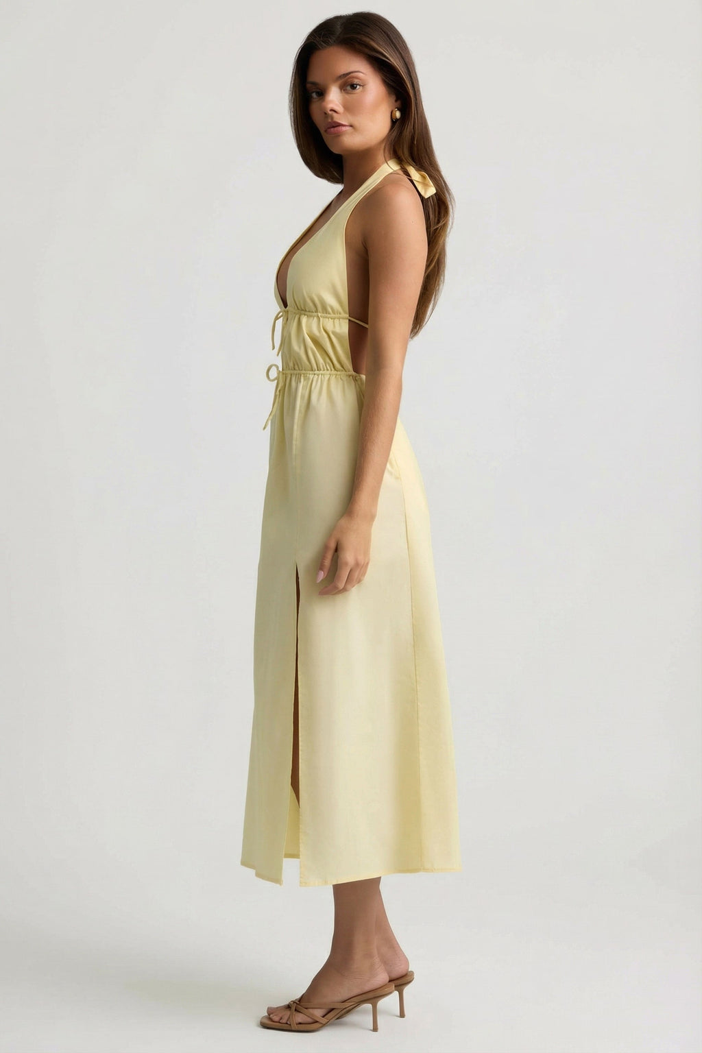 Chic Backless Cotton-Poplin Midaxi Dress in Lemon Yellow