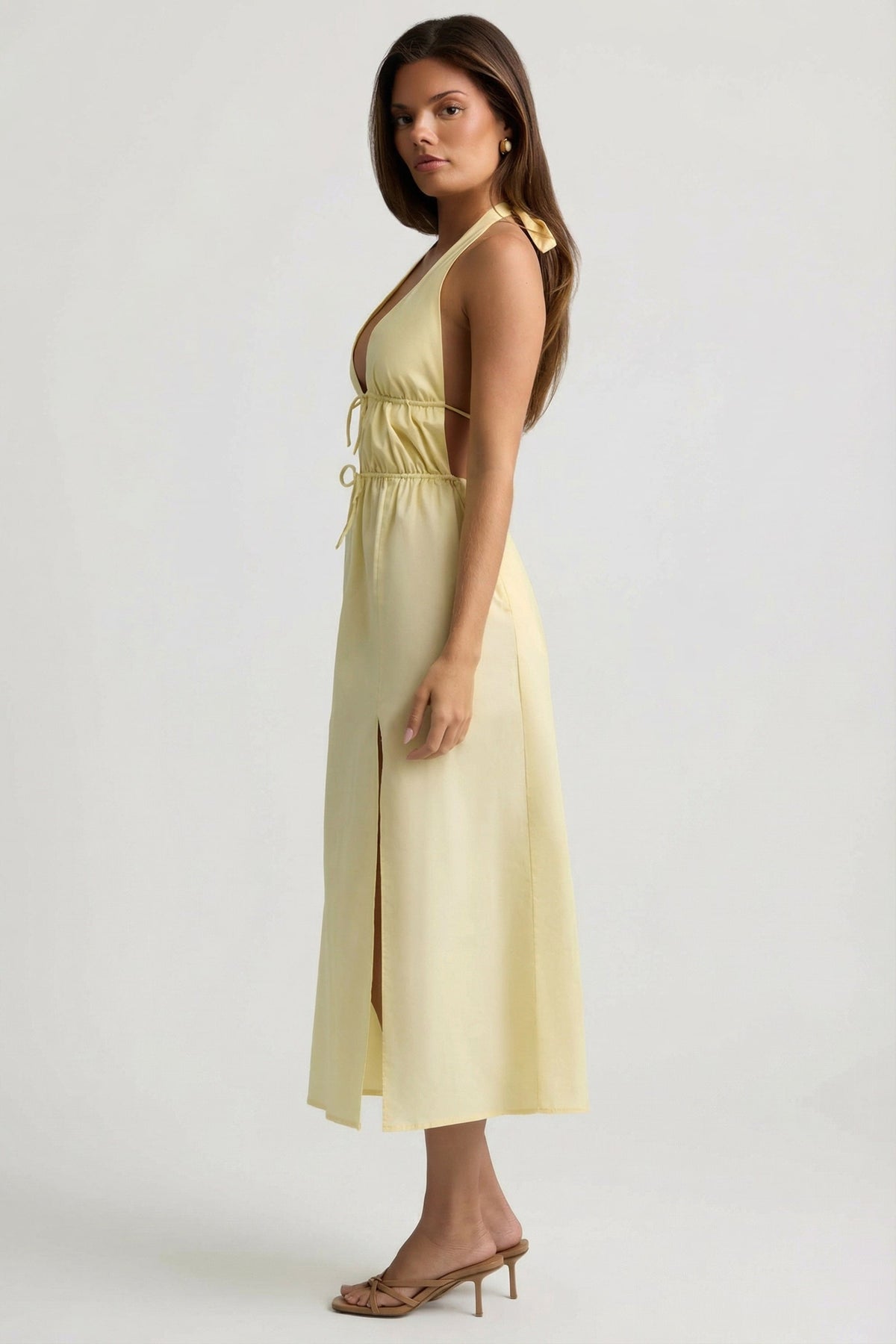 Chic Backless Cotton-Poplin Midaxi Dress in Lemon Yellow
