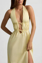 Chic Backless Cotton-Poplin Midaxi Dress in Lemon Yellow