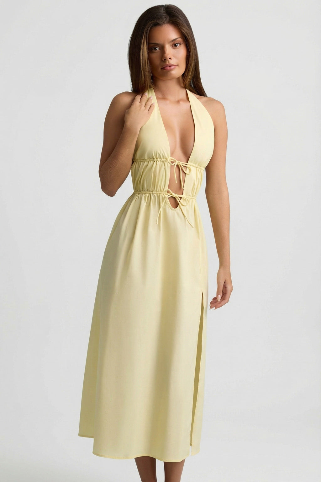 Chic Backless Cotton-Poplin Midaxi Dress in Lemon Yellow