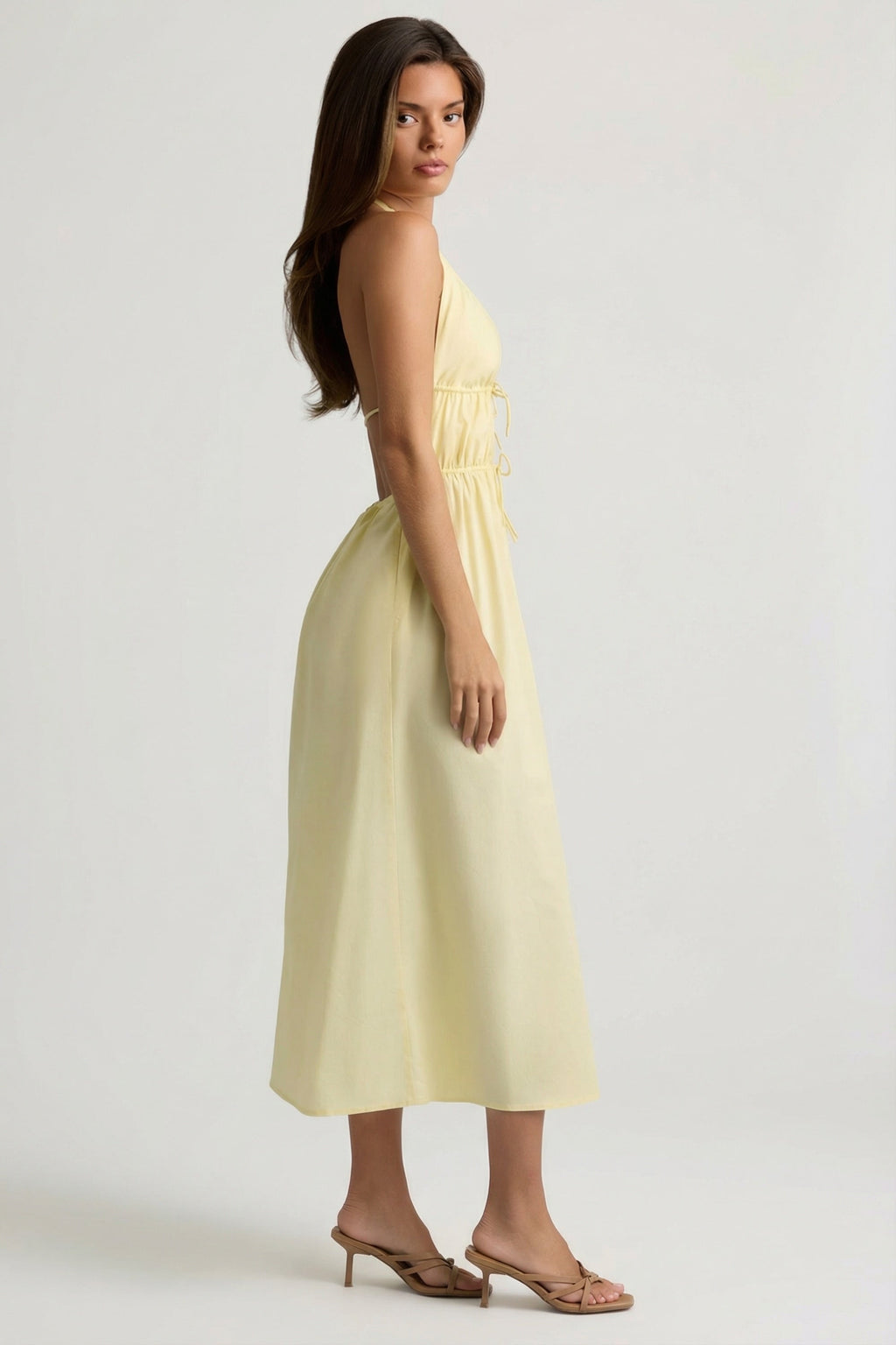Chic Backless Cotton-Poplin Midaxi Dress in Lemon Yellow
