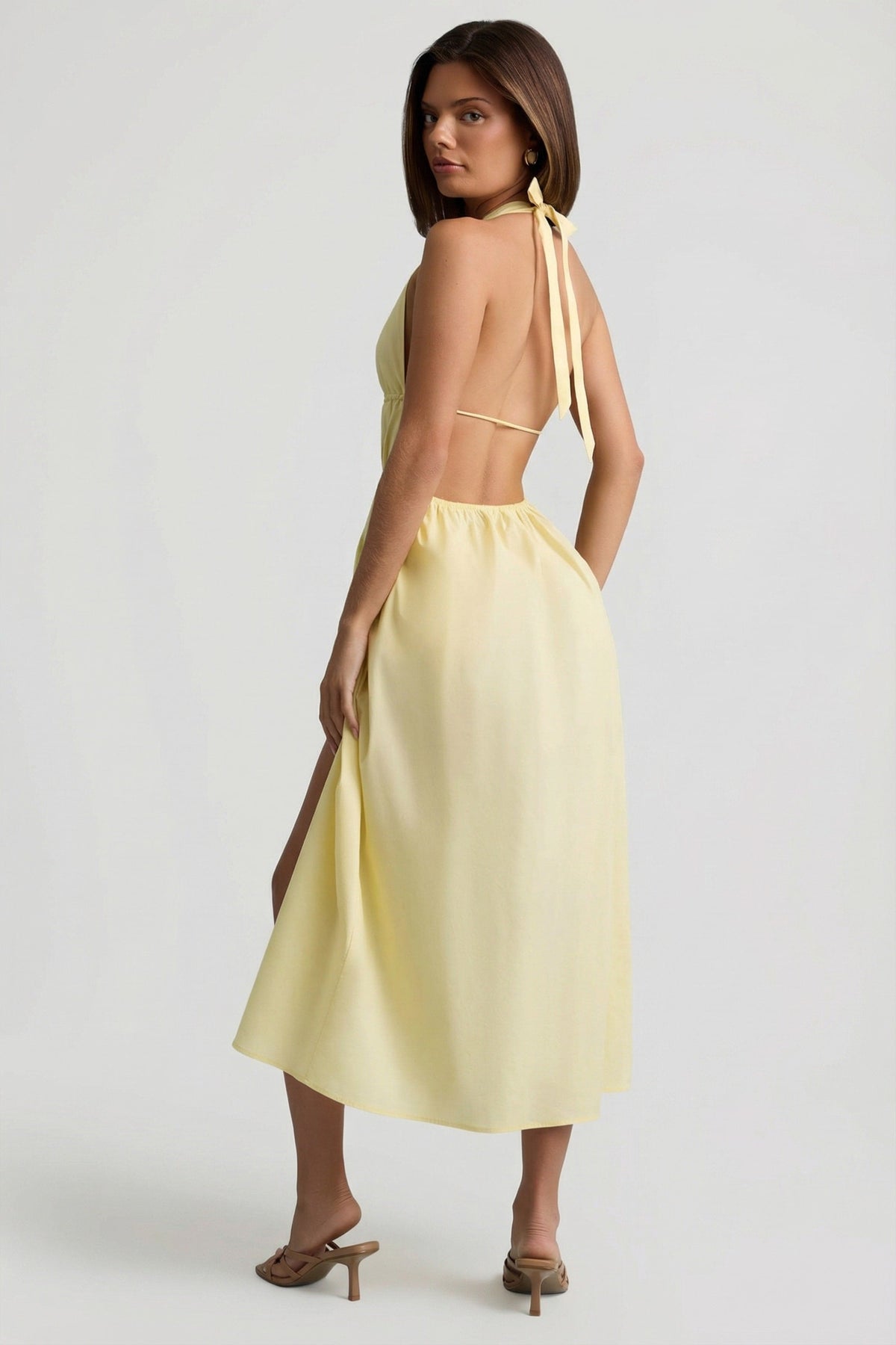 Chic Backless Cotton-Poplin Midaxi Dress in Lemon Yellow