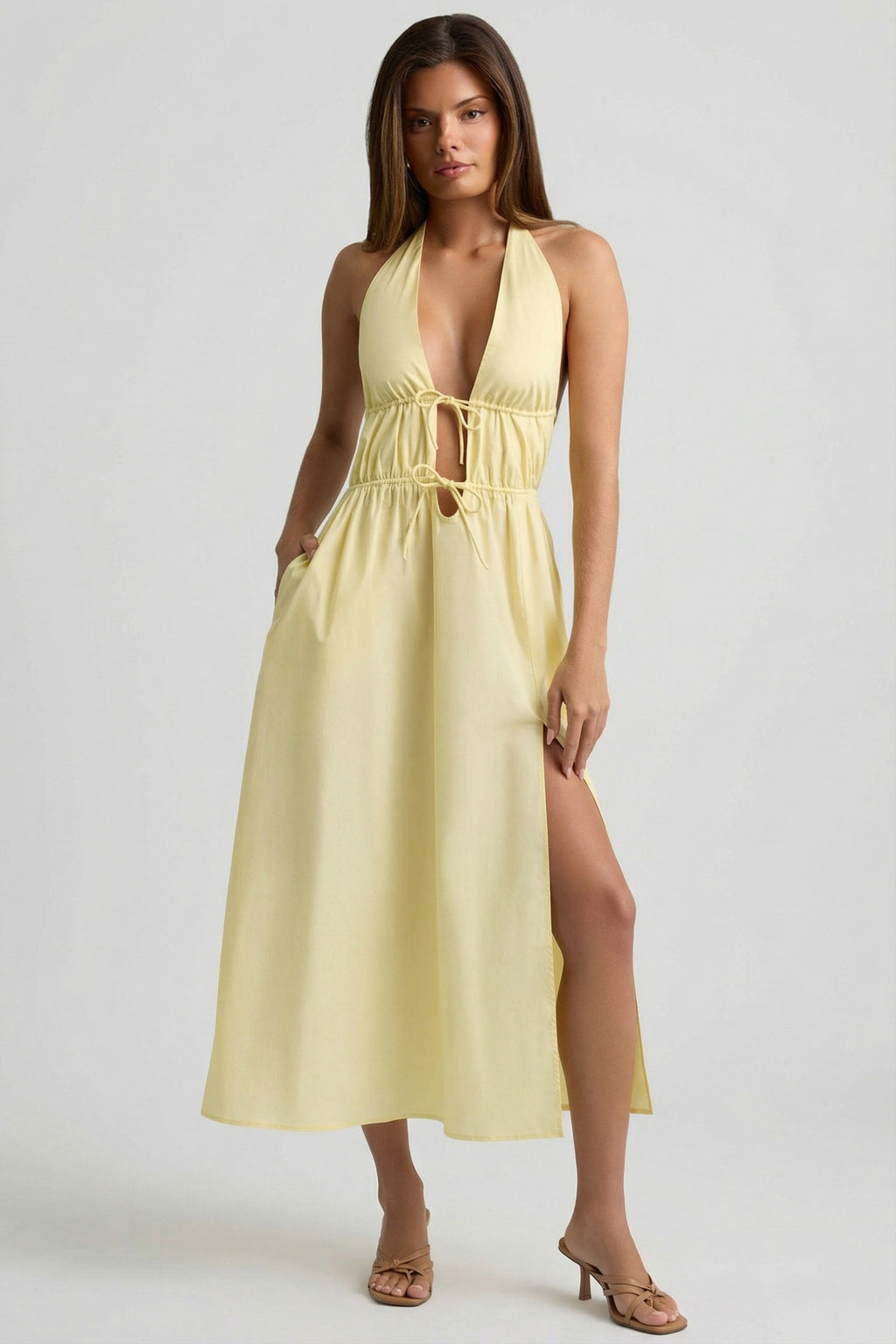 Chic Backless Cotton-Poplin Midaxi Dress in Lemon Yellow