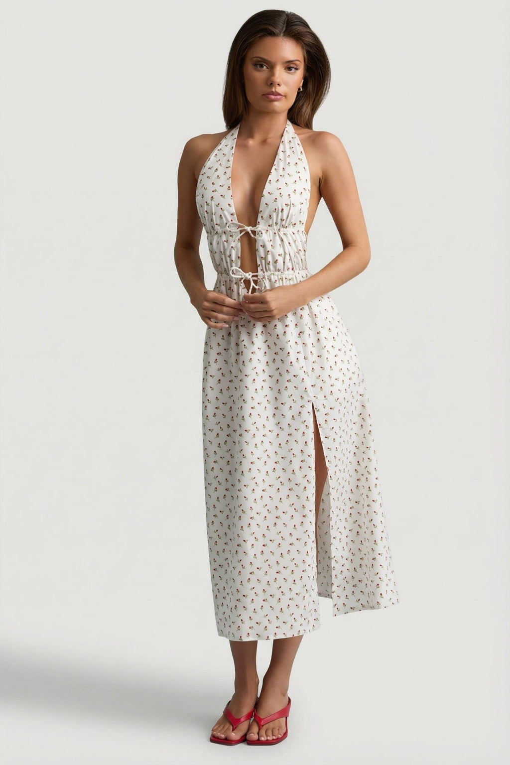 Chic Backless Cotton-Poplin Midaxi Dress in Rose Print
