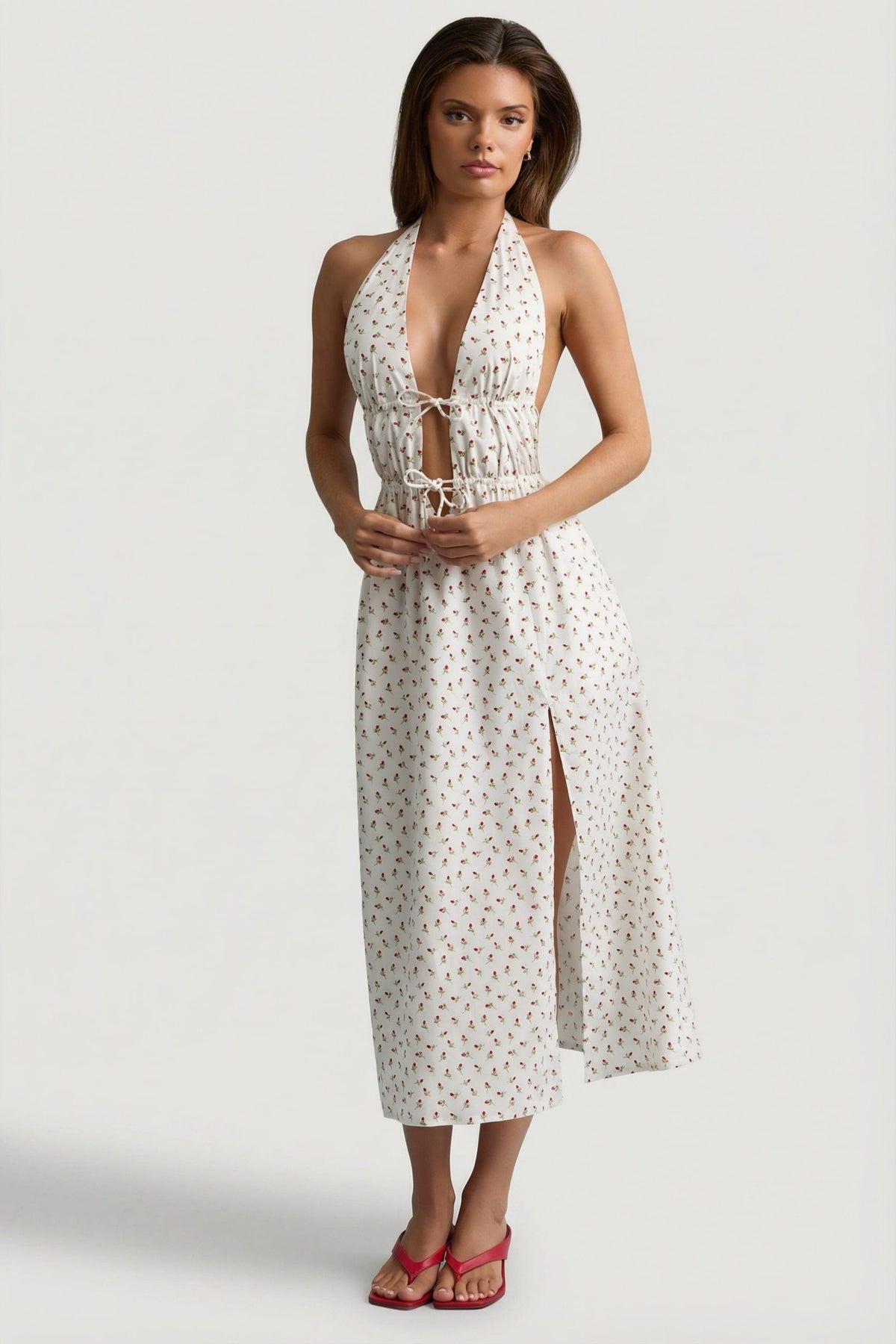 Chic Backless Cotton-Poplin Midaxi Dress in Rose Print