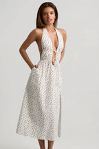 Chic Backless Cotton-Poplin Midaxi Dress in Rose Print