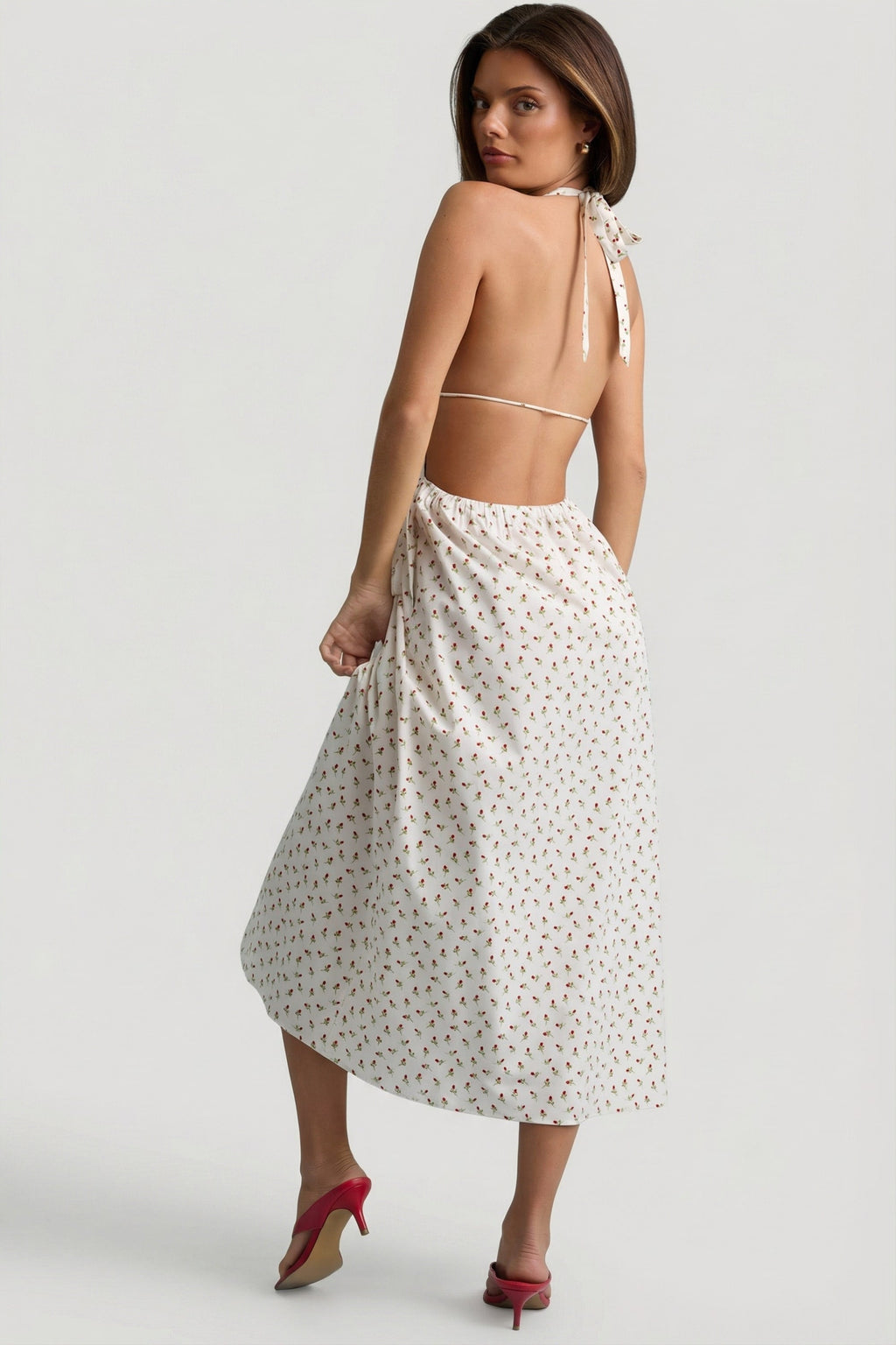 Chic Backless Cotton-Poplin Midaxi Dress in Rose Print
