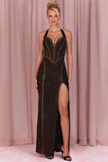 Chic Embellished Halterneck Maxi Dress in Bronze