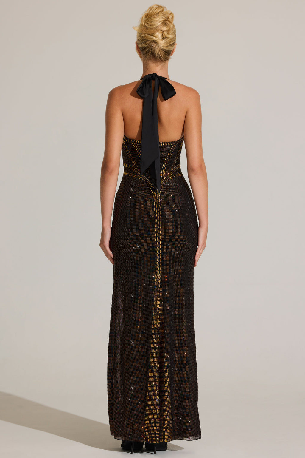 Chic Embellished Halterneck Maxi Dress in Bronze