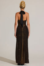 Chic Embellished Halterneck Maxi Dress in Bronze
