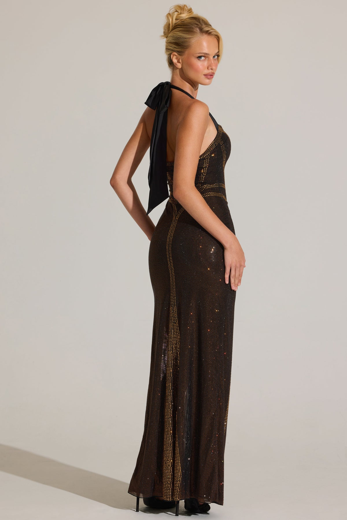 Chic Embellished Halterneck Maxi Dress in Bronze