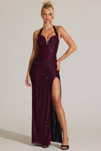 Chic Embellished Halterneck Maxi Dress in Fuchsia Pink