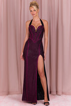 Chic Embellished Halterneck Maxi Dress in Fuchsia Pink