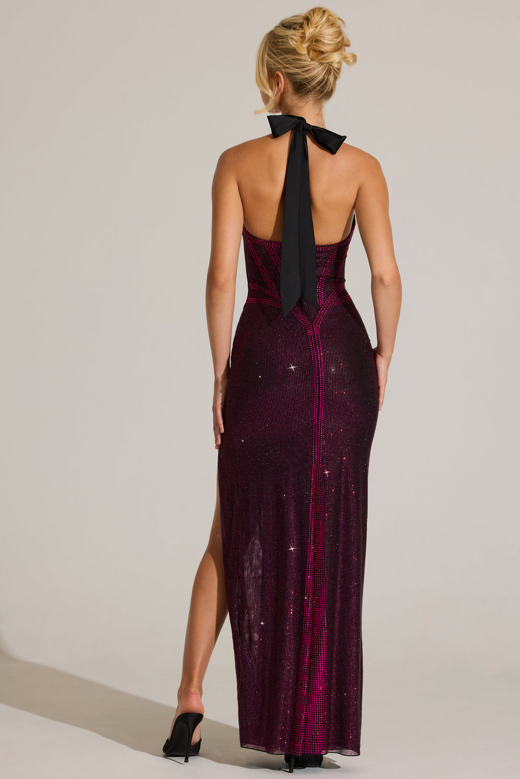 Chic Embellished Halterneck Maxi Dress in Fuchsia Pink