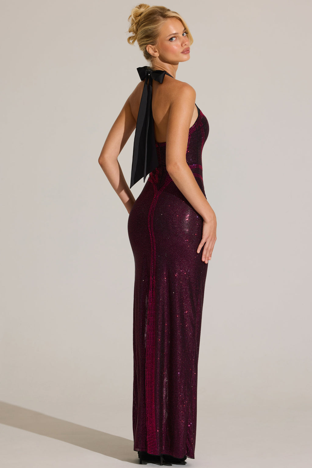Chic Embellished Halterneck Maxi Dress in Fuchsia Pink