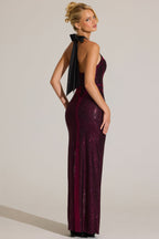 Chic Embellished Halterneck Maxi Dress in Fuchsia Pink