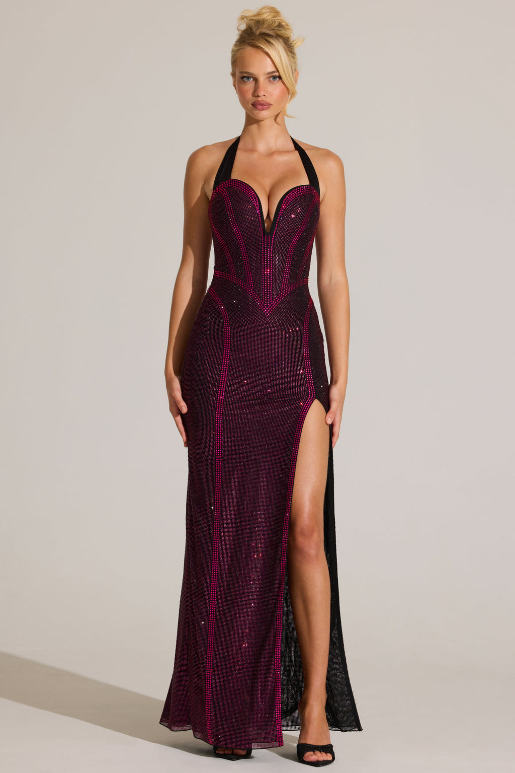 Chic Embellished Halterneck Maxi Dress in Fuchsia Pink