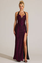Chic Embellished Halterneck Maxi Dress in Fuchsia Pink