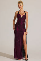 Chic Embellished Halterneck Maxi Dress in Fuchsia Pink
