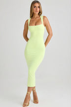 Chic Modal Square-Neck Bodycon Midi Dress in Matcha Green