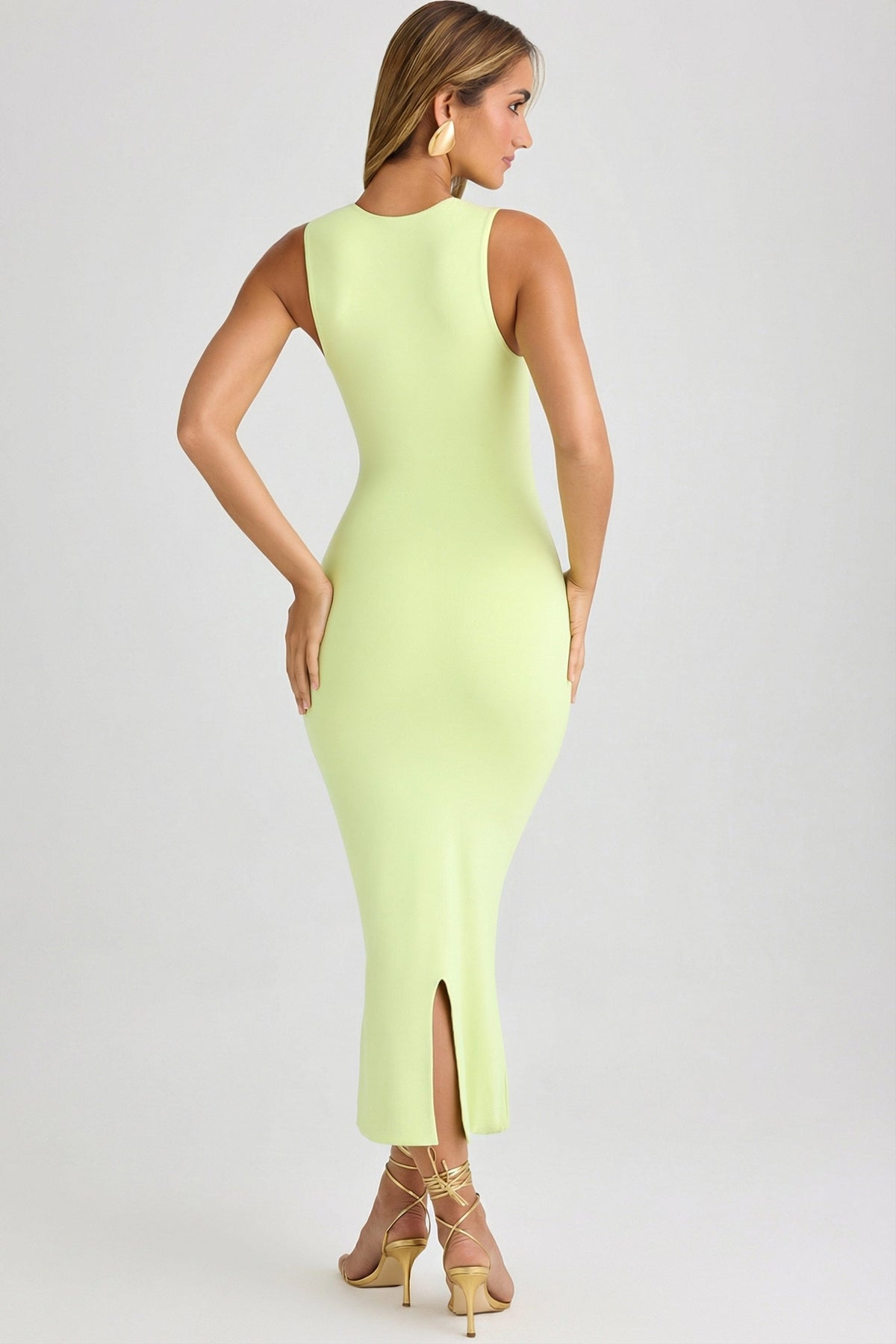 Chic Modal Square-Neck Bodycon Midi Dress in Matcha Green