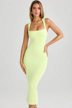 Chic Modal Square-Neck Bodycon Midi Dress in Matcha Green