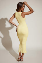 Chic Square Neck Midi Dress in Pastel Yellow